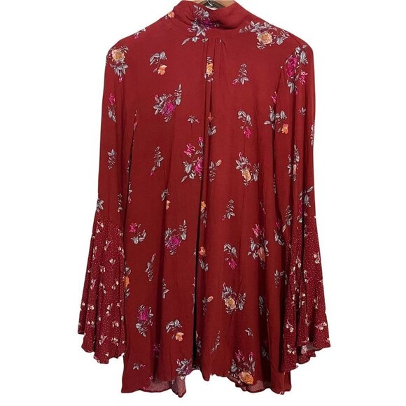 Free People Women's NWT Brick Red Floral Bell Sleeve Tate Printed Tunic XS - Picture 3 of 12